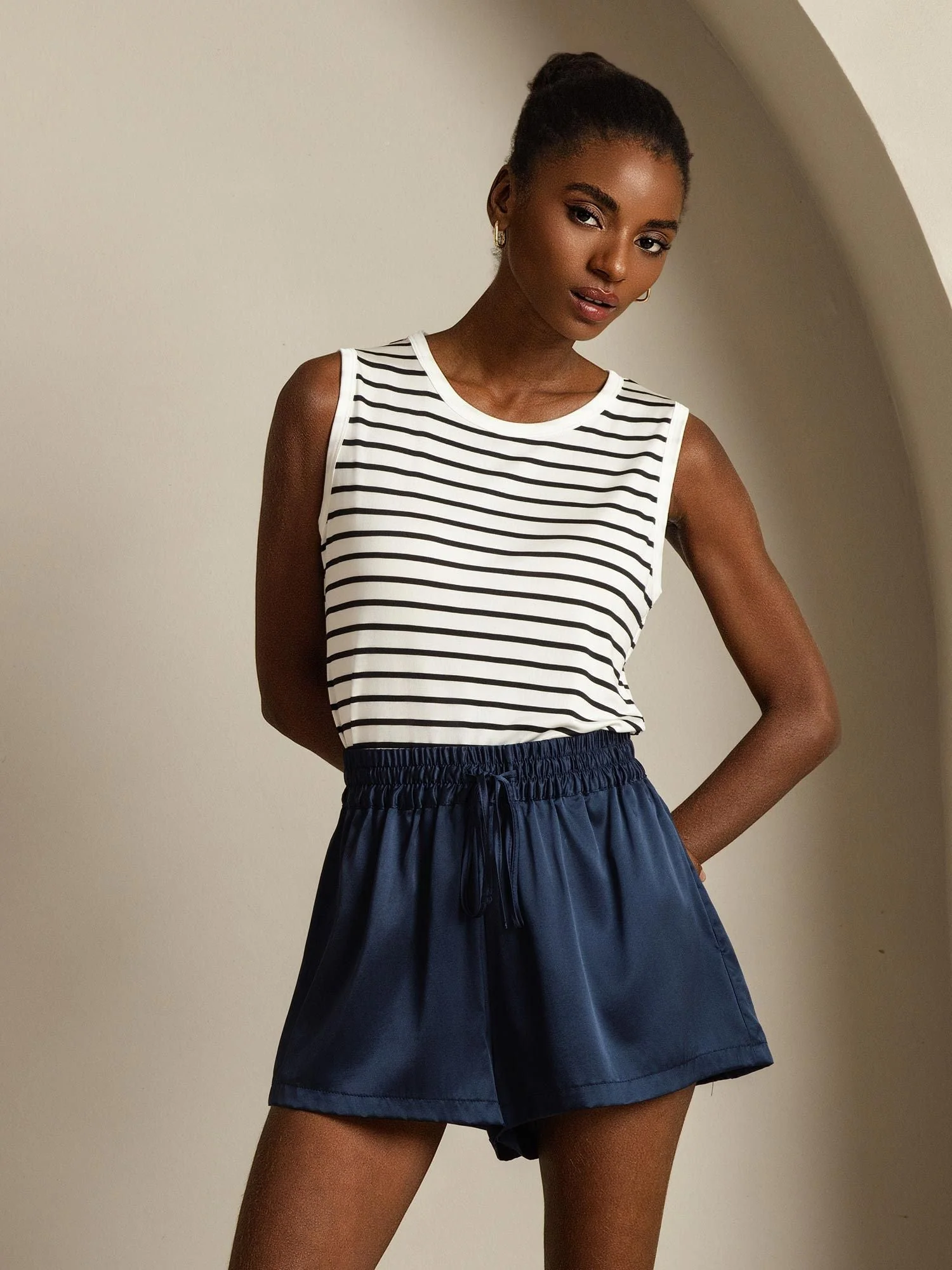 Women's 100% Mulberry Silk Round Neck Casual Stripe Print Tank Top - Image 7