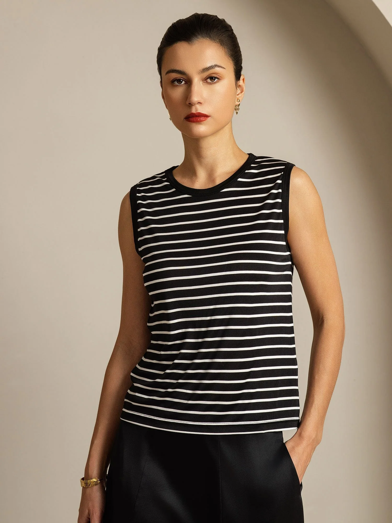 Women's 100% Mulberry Silk Round Neck Casual Stripe Print Tank Top - Image 9
