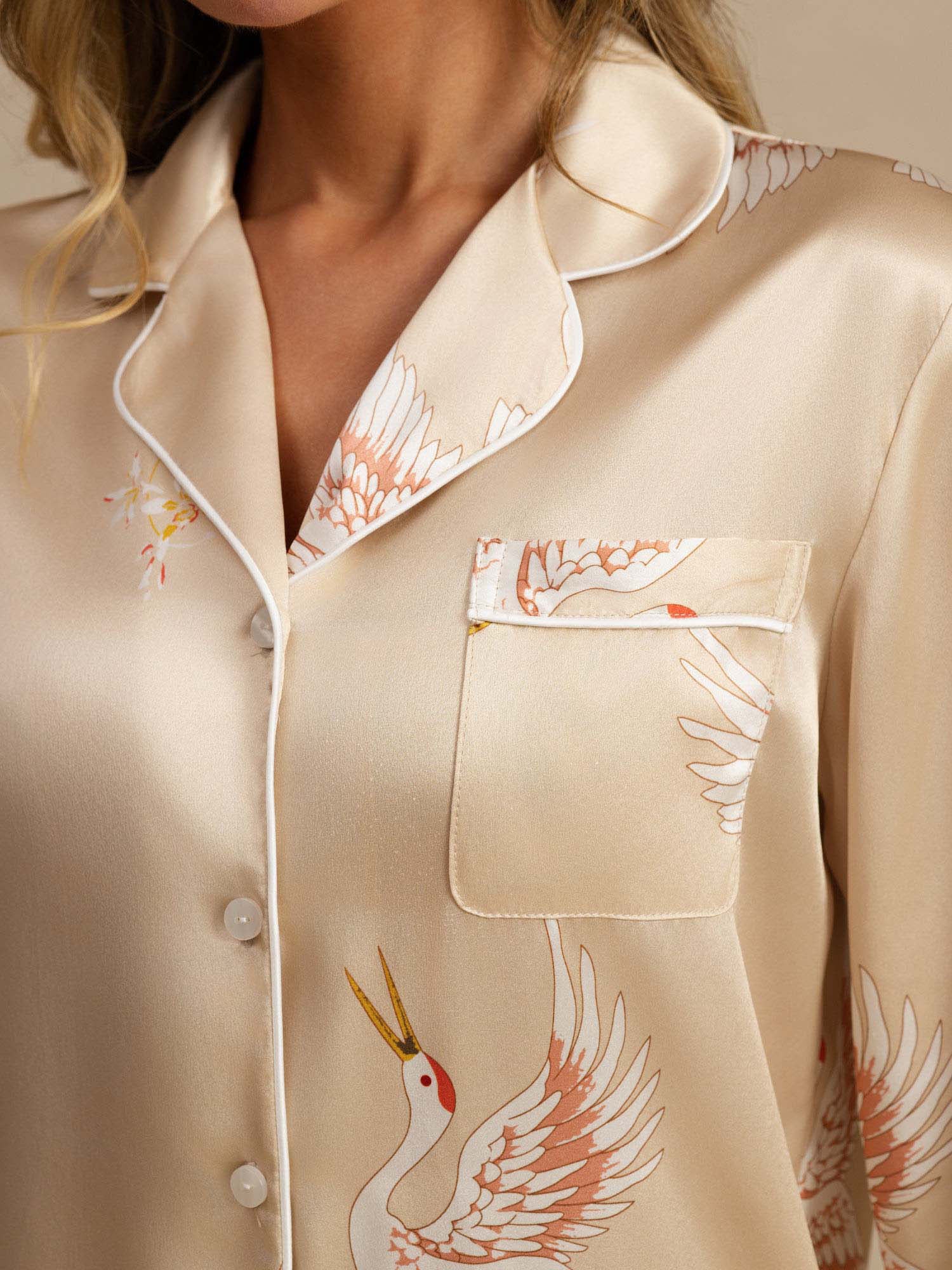 19Momme 100% Mulberry Silk Crane Print Women's Long Sleeve Notch Collar Pajamas Set - Image 14