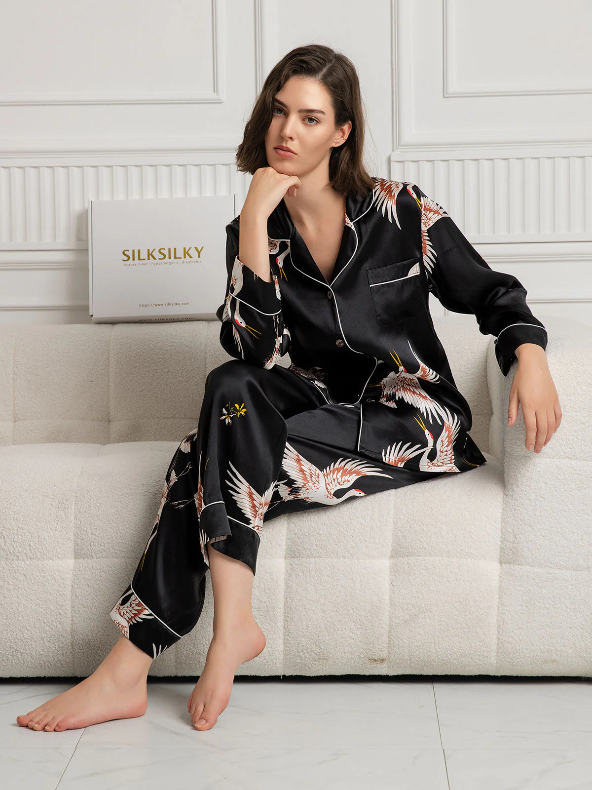 19Momme 100% Mulberry Silk Crane Print Women's Long Sleeve Notch Collar Pajamas Set - Image 17