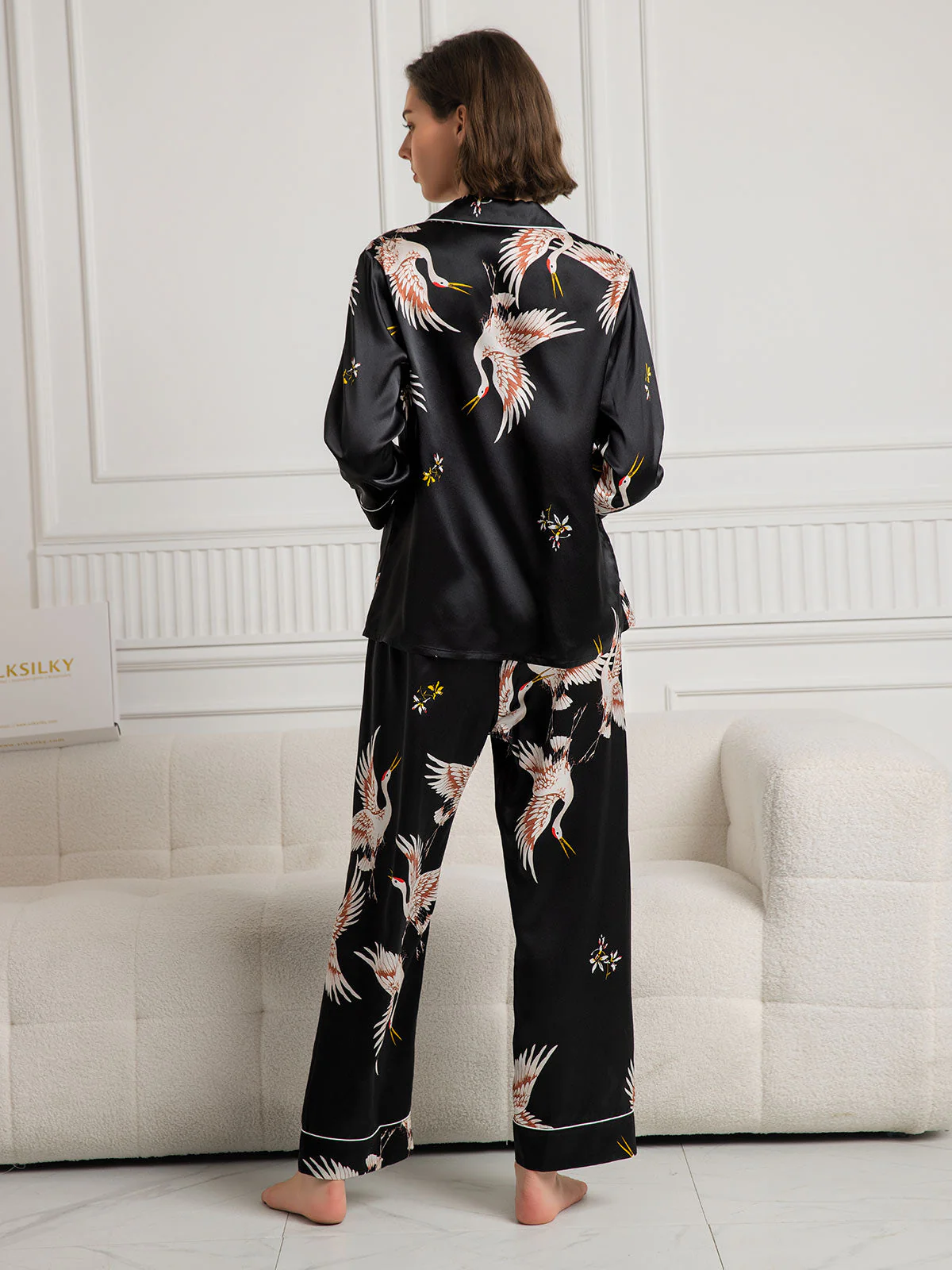 19Momme 100% Mulberry Silk Crane Print Women's Long Sleeve Notch Collar Pajamas Set - Image 18