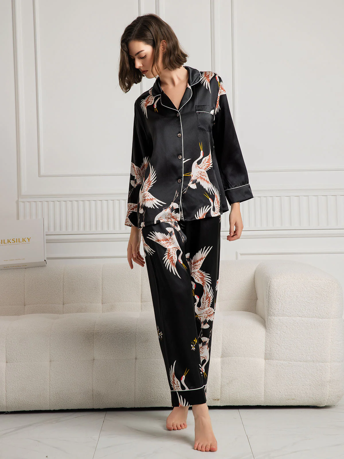 19Momme 100% Mulberry Silk Crane Print Women's Long Sleeve Notch Collar Pajamas Set - Image 20