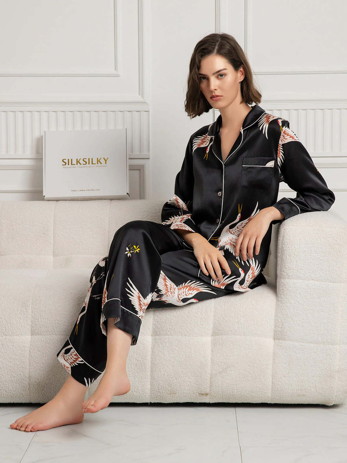 19Momme 100% Mulberry Silk Crane Print Women's Long Sleeve Notch Collar Pajamas Set - Image 21