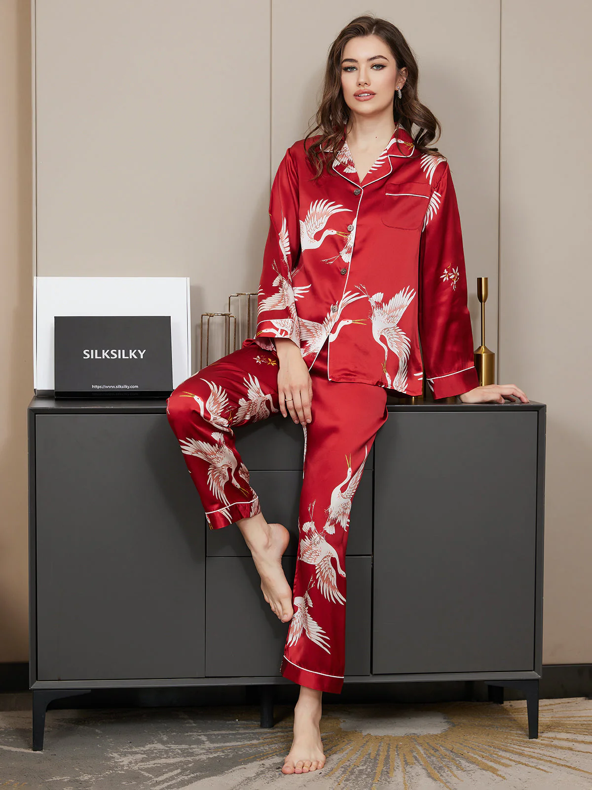 19Momme 100% Mulberry Silk Crane Print Women's Long Sleeve Notch Collar Pajamas Set - Image 29