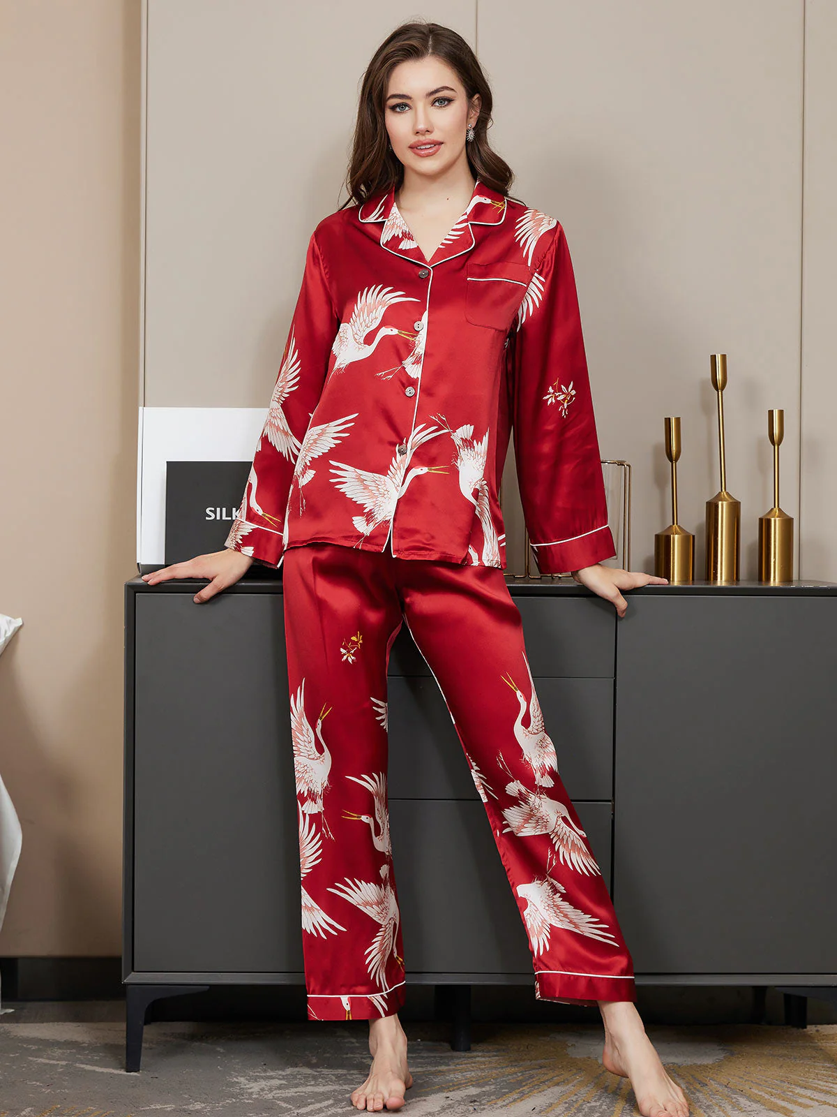 19Momme 100% Mulberry Silk Crane Print Women's Long Sleeve Notch Collar Pajamas Set - Image 31