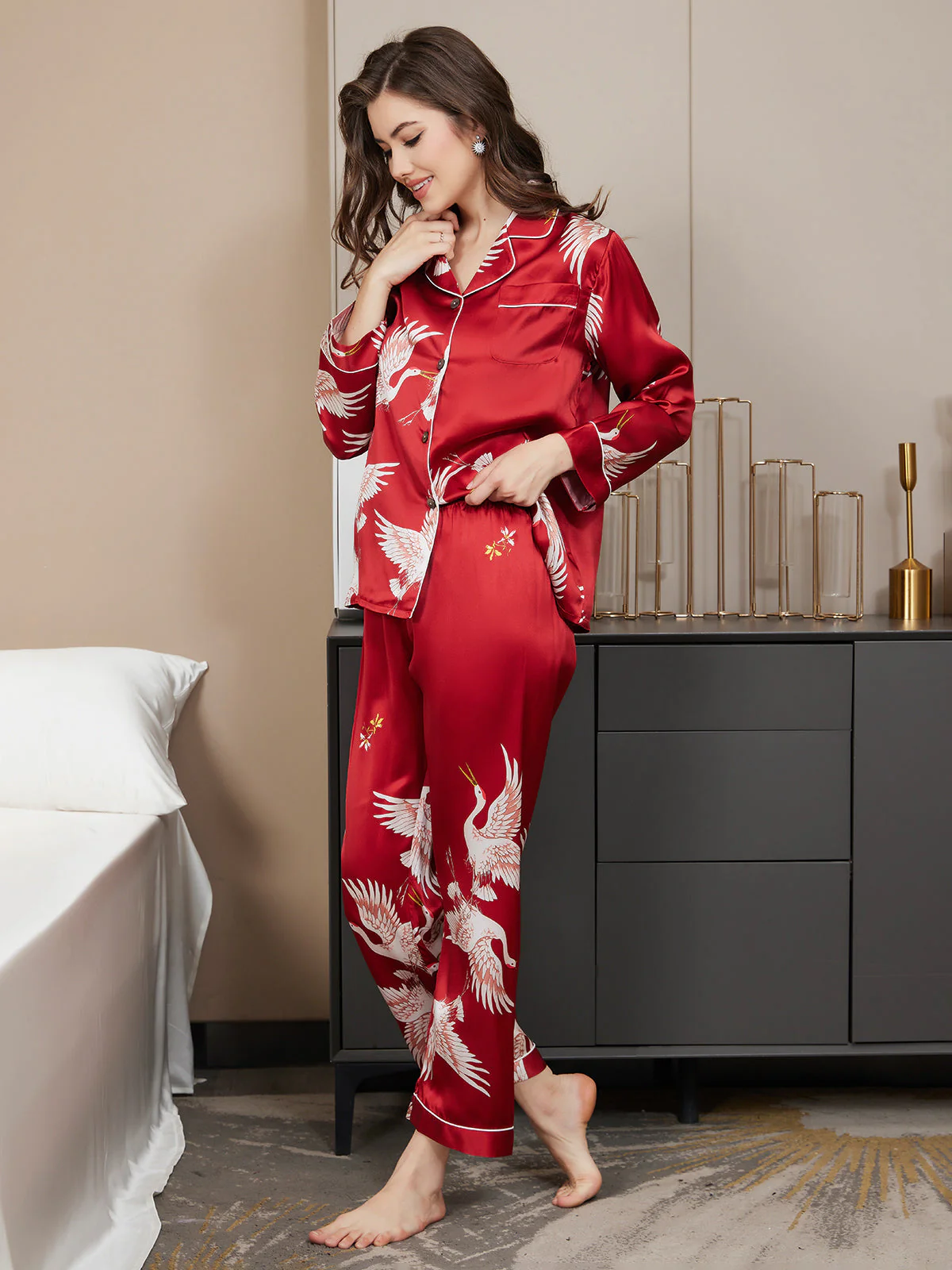 19Momme 100% Mulberry Silk Crane Print Women's Long Sleeve Notch Collar Pajamas Set - Image 32