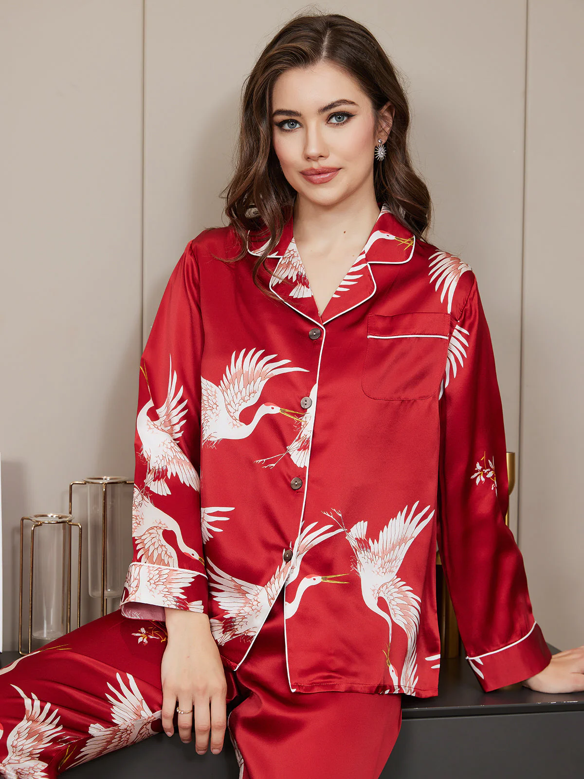 19Momme 100% Mulberry Silk Crane Print Women's Long Sleeve Notch Collar Pajamas Set - Image 33