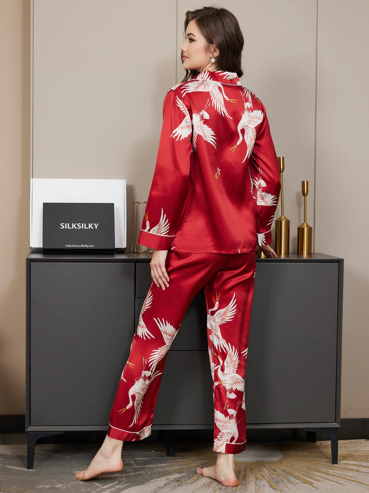 19Momme 100% Mulberry Silk Crane Print Women's Long Sleeve Notch Collar Pajamas Set - Image 34