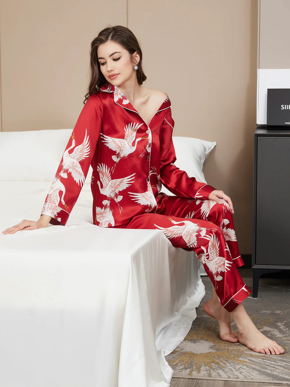 19Momme 100% Mulberry Silk Crane Print Women's Long Sleeve Notch Collar Pajamas Set - Image 35
