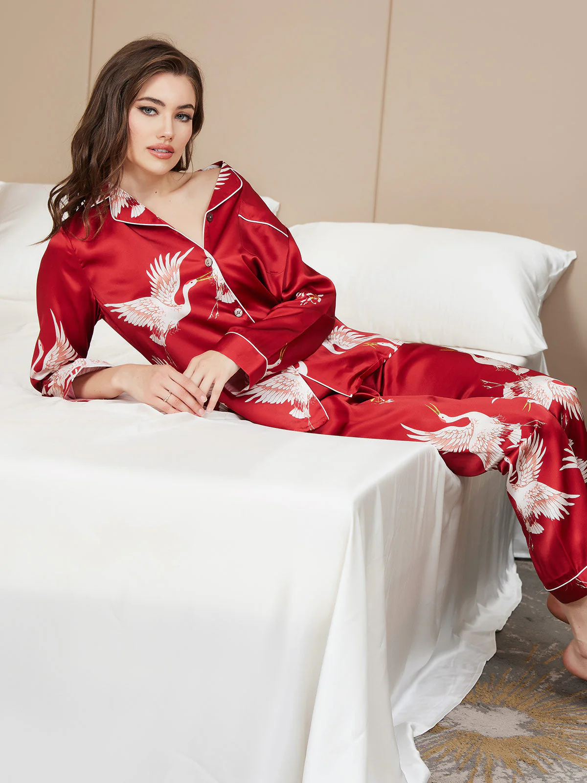 19Momme 100% Mulberry Silk Crane Print Women's Long Sleeve Notch Collar Pajamas Set - Image 36