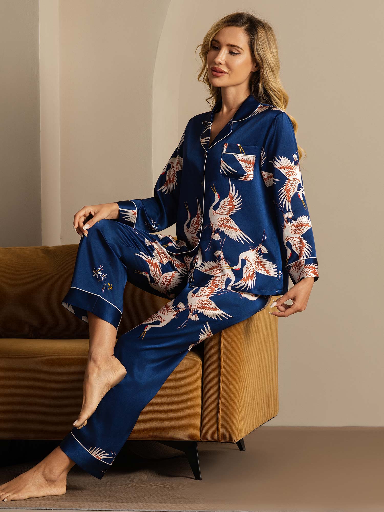 19Momme 100% Mulberry Silk Crane Print Women's Long Sleeve Notch Collar Pajamas Set - Image 42