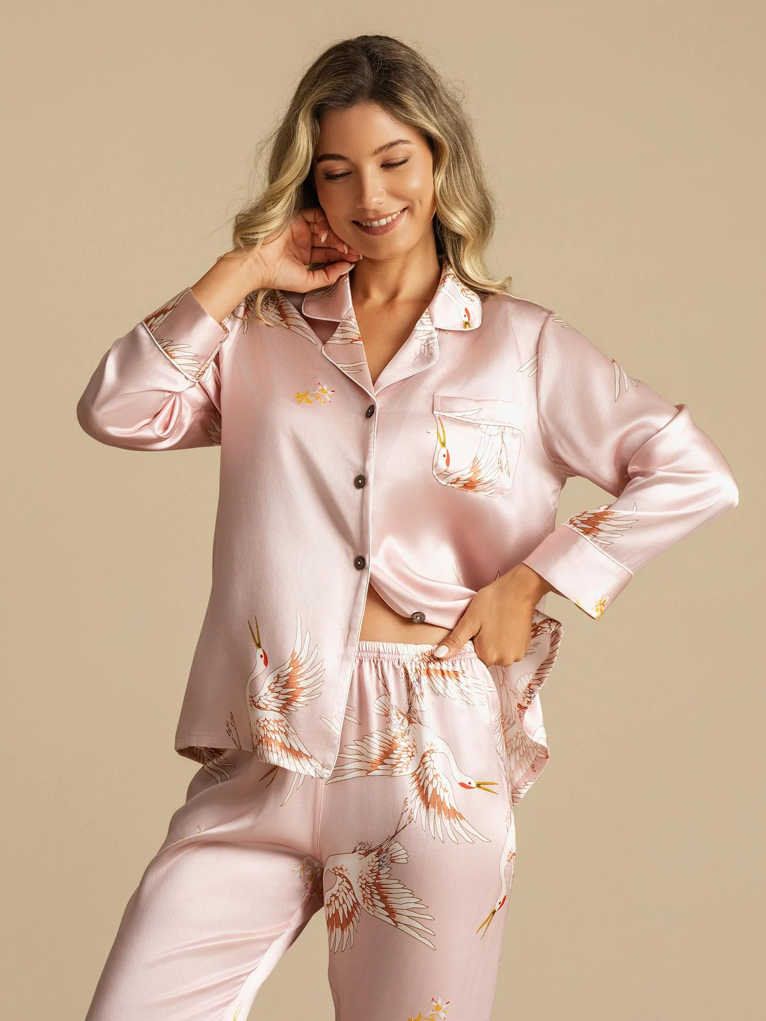 19Momme 100% Mulberry Silk Crane Print Women's Long Sleeve Notch Collar Pajamas Set - Image 8