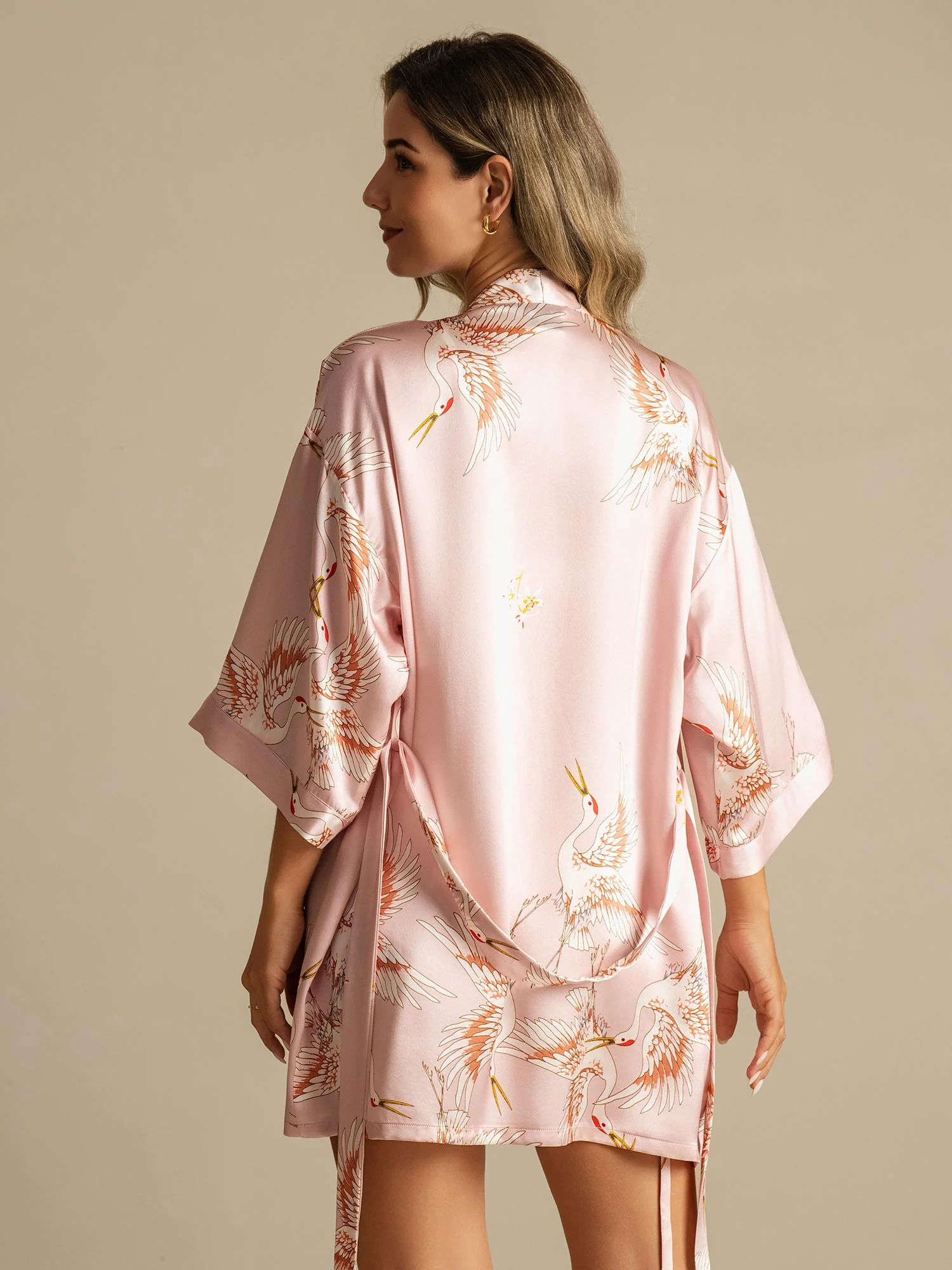 19Momme 100% Mulberry Silk Crane Print 3/4 Sleeve Short Women's Kimono Robe with Wrap Design - Image 2