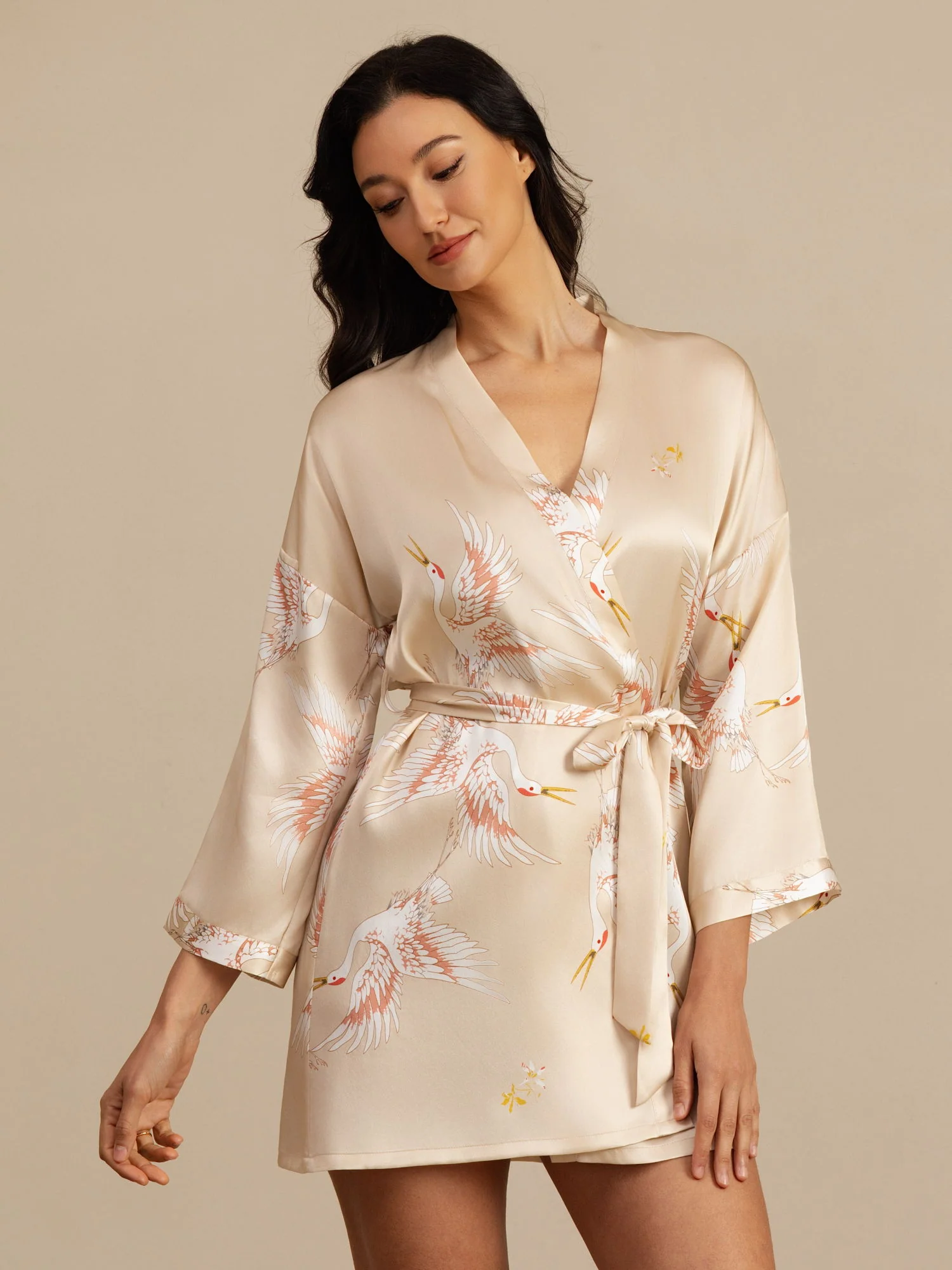 19Momme 100% Mulberry Silk Crane Print 3/4 Sleeve Short Women's Kimono Robe with Wrap Design - Image 32