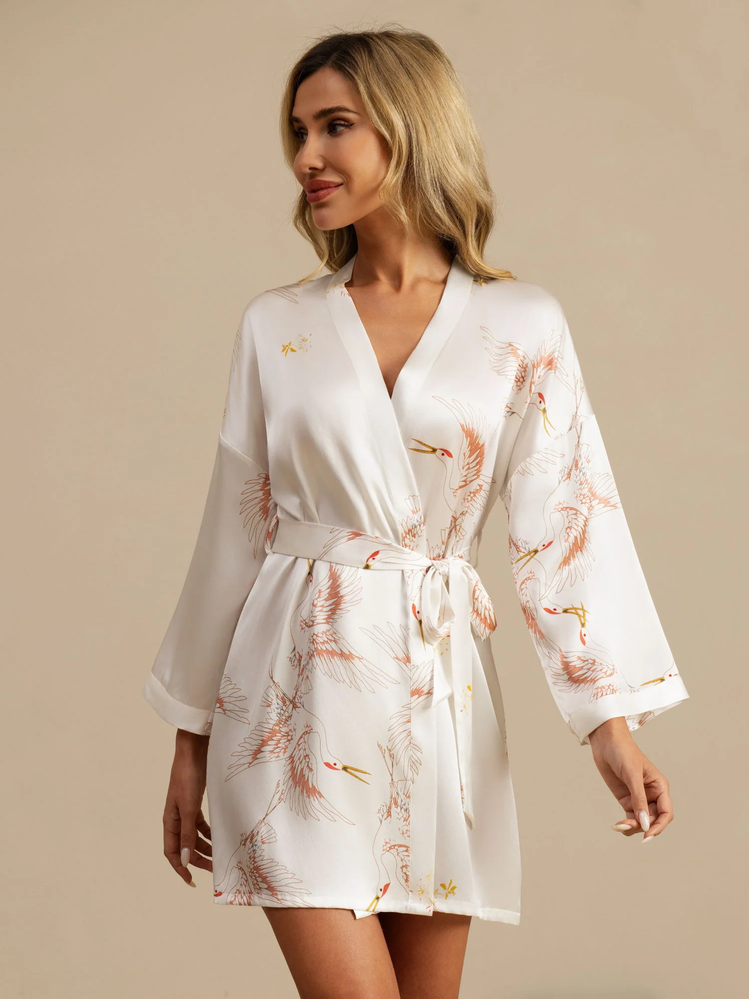 19Momme 100% Mulberry Silk Crane Print 3/4 Sleeve Short Women's Kimono Robe with Wrap Design - Image 38