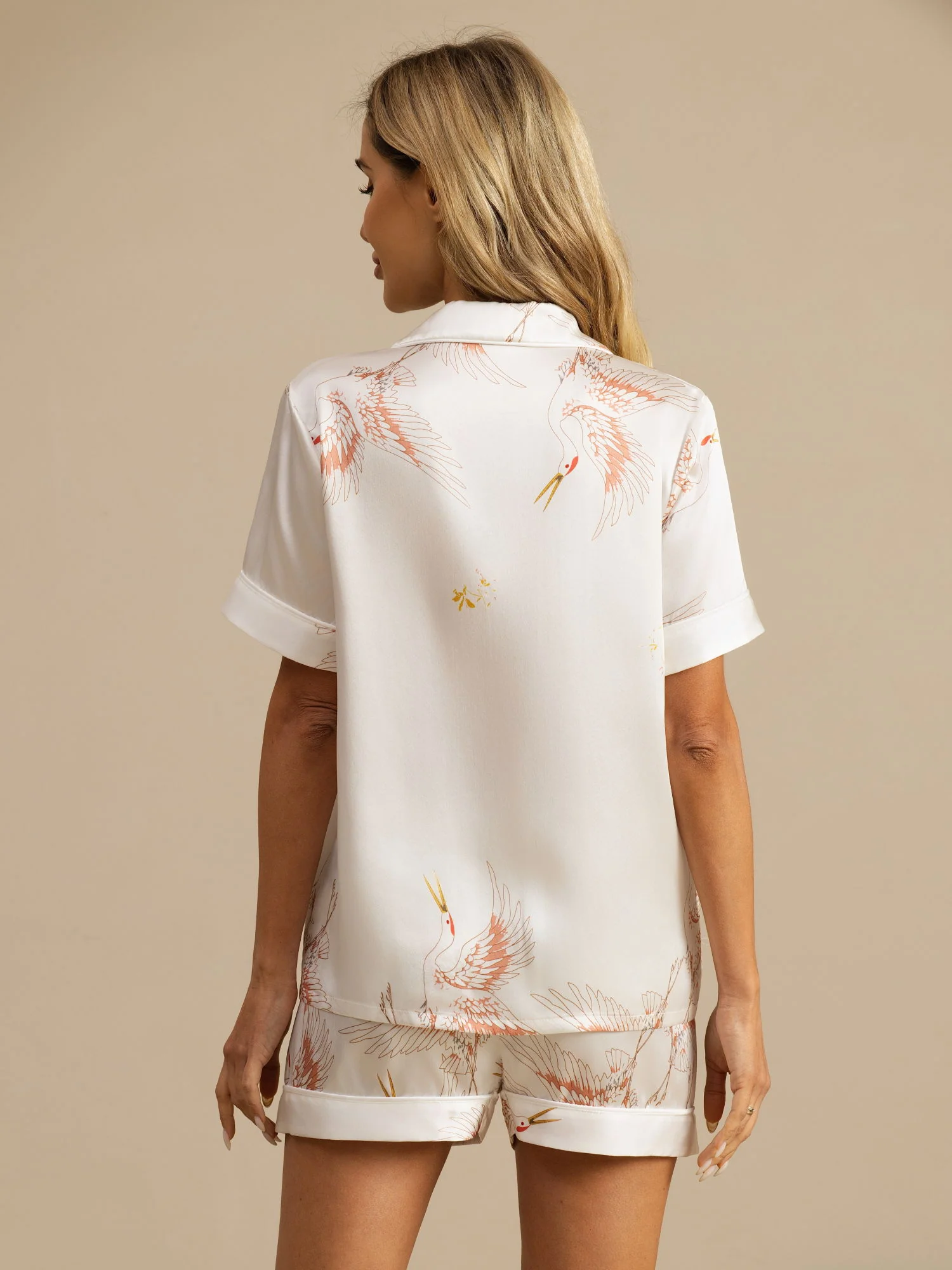 19Momme Women's 100% Mulberry Silk Crane Print Short Sleeve Notch Collar Pajamas Set - Image 23