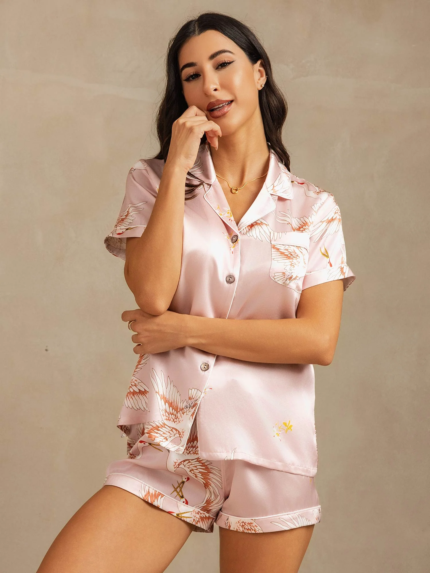 19Momme Women's 100% Mulberry Silk Crane Print Short Sleeve Notch Collar Pajamas Set - Image 3